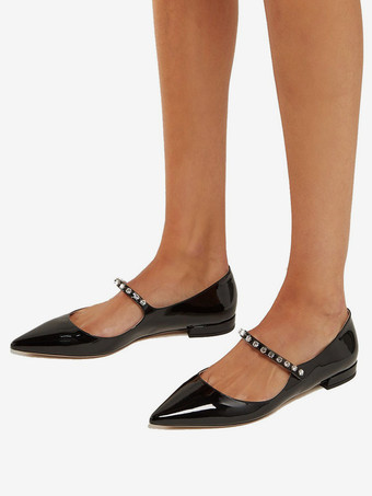 レディース ブラック フラット ラインストーン ポインテッドトゥ メリージェーン バレエ フラット