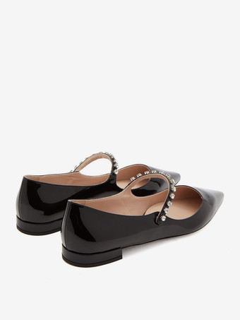 レディース ブラック フラット ラインストーン ポインテッドトゥ メリージェーン バレエ フラット