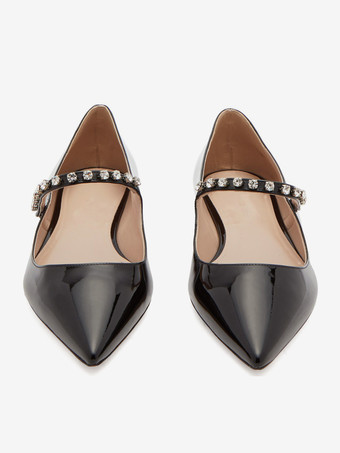 レディース ブラック フラット ラインストーン ポインテッドトゥ メリージェーン バレエ フラット