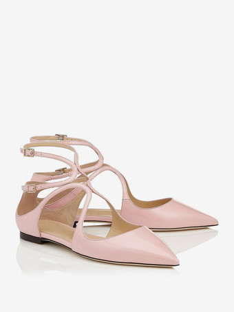 レディース ピンク バレエ フラット ポインテッド トゥ ストラップ アンクル ストラップ フラット パンプス