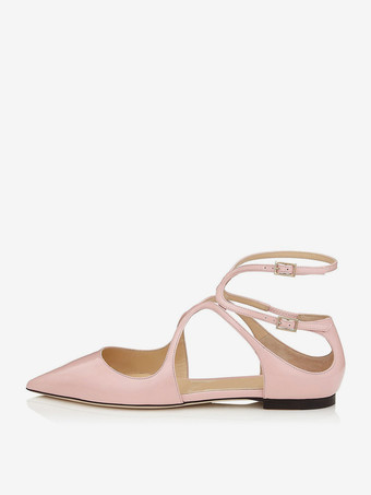 ピンクレディース ピンク バレエ フラット ポインテッド トゥ ストラップ アンクル ストラップ フラット パンプス