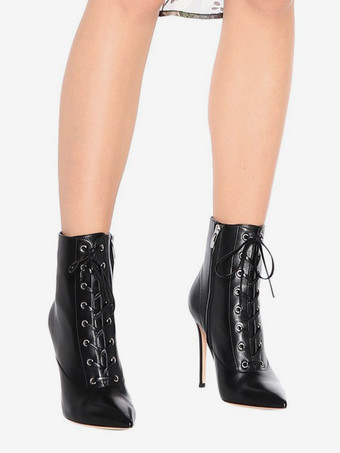 レディース アンクルブーツ ホワイト レースアップ ポインテッドトゥ スティレットヒール ブーティ