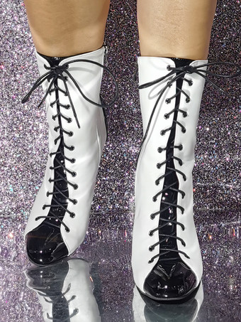 レディース ホワイト ポインテッドトゥ レースアップ ブーティ スティレットヒール アンクルブーツ