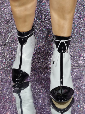 レディース アンクルブーツ ホワイト パテント ブーティ ラウンドトゥ スティレットヒール