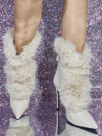 レディース ブラック ポインテッドトゥ ブーティ フェイクファー レースアップ スティレットヒール アンクルブーツ