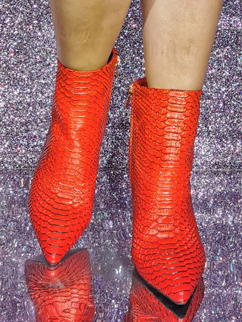 レディース アンクルブーツ レッド スネーク柄 ポインテッドトゥ スティレットヒール ブーティ