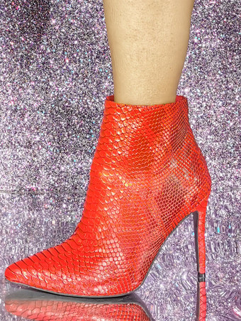 レディース アンクルブーツ レッド スネーク柄 ポインテッドトゥ スティレットヒール ブーティ