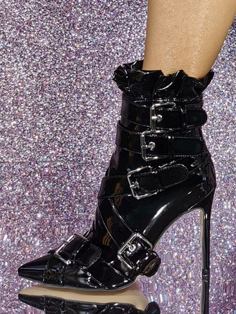 レディース ブラック アンクルブーツ Bバックルディテール ジップアップ ハイヒール ブーティ