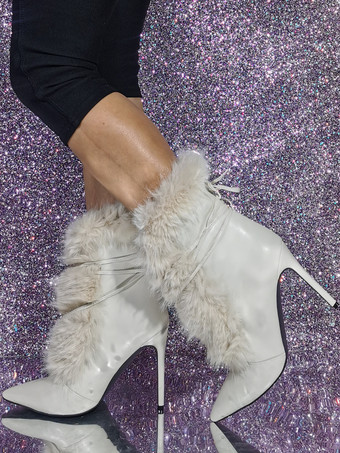 アイボリー レディース ブラック ポインテッドトゥ ブーティ フェイクファー レースアップ スティレットヒール アンクルブーツ