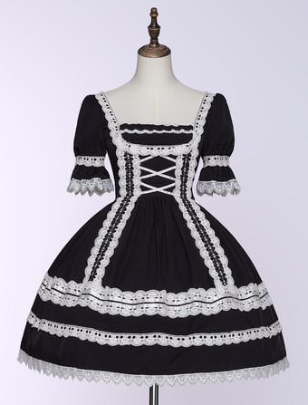 Lolitashow Classico Abito Gotico Lolita Nero Bianco Pizzo Rifiniture Dolce Abito Ruffle