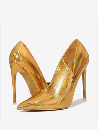 ゴールド レディース ハイヒール プラスサイズ レッド ポインテッドトゥ スティレットヒール パンプス