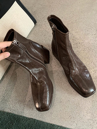 レディース コーヒーブラウン アンクルブーツ スクエアトゥ パピーヒール ブーティ