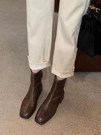 レディース コーヒーブラウン アンクルブーツ スクエアトゥ パピーヒール ブーティ