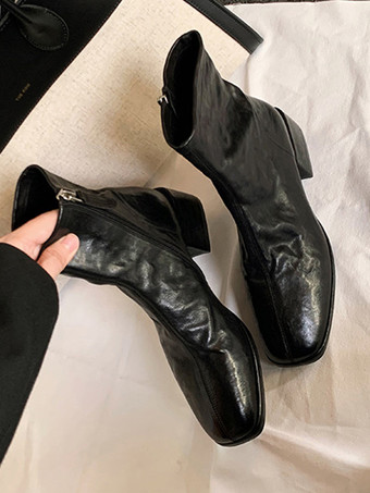 レディース コーヒーブラウン アンクルブーツ スクエアトゥ パピーヒール ブーティ