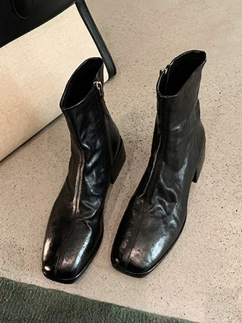 レディース コーヒーブラウン アンクルブーツ スクエアトゥ パピーヒール ブーティ