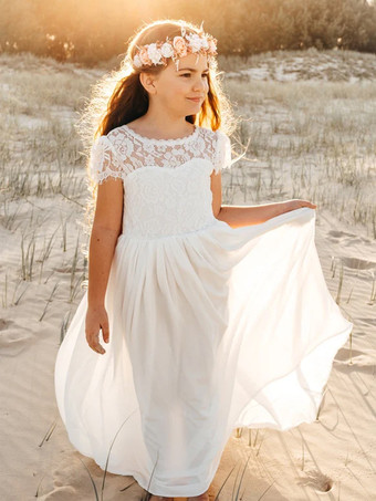 アイボリーホワイトフラワーガールドレス アイボリーシフォン半袖ジュエルネックフラワーガールドレス