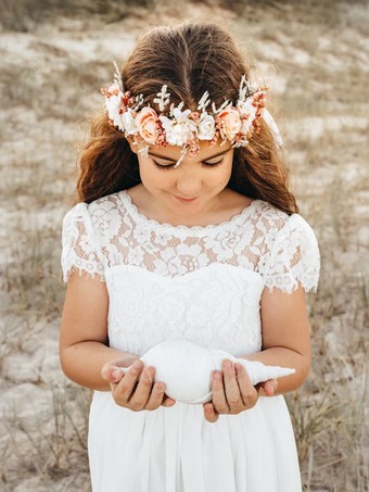 ホワイトフラワーガールドレス アイボリーシフォン半袖ジュエルネックフラワーガールドレス