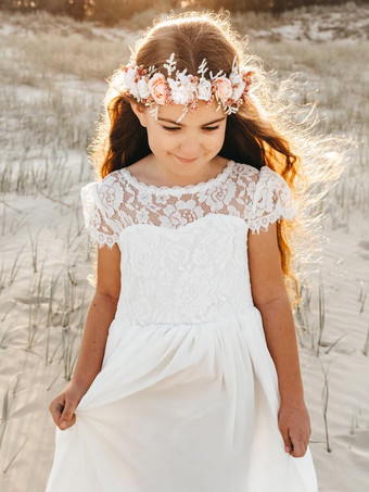 ホワイトフラワーガールドレス アイボリーシフォン半袖ジュエルネックフラワーガールドレス
