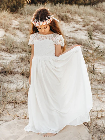 ホワイトフラワーガールドレス アイボリーシフォン半袖ジュエルネックフラワーガールドレス