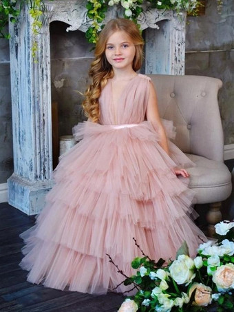 ウェディング フラワーガールドレス 特別な日のドレス ピンク ノースリーブ ティアード