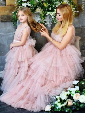 PinkMother Dress Designed Neckline Sleeveless Ball Gown Tiered Floor-Length Wedding Guest Dresses