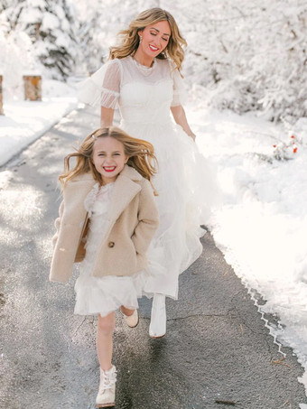 ホワイト ホワイトフラワーガールドレス アイボリーチュール 半袖 デザインネックライン フラワーガールドレス