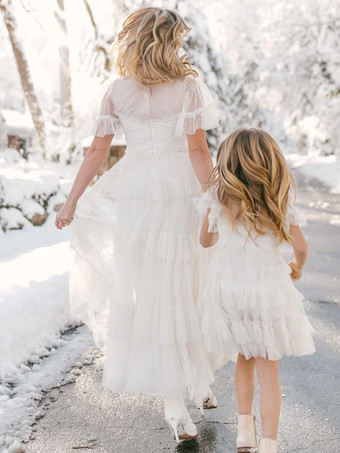 ホワイトフラワーガールドレス アイボリーチュール 半袖 デザインネックライン フラワーガールドレス