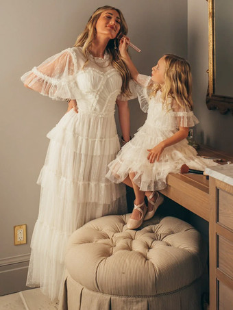 ホワイトフラワーガールドレス アイボリーチュール 半袖 デザインネックライン フラワーガールドレス