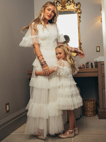 ホワイトフラワーガールドレス アイボリーチュール 半袖 デザインネックライン フラワーガールドレス