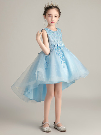 スカイブルー ウェディング フラワーガールドレス 特別な日のドレス ソフトピンク ノースリーブ レース