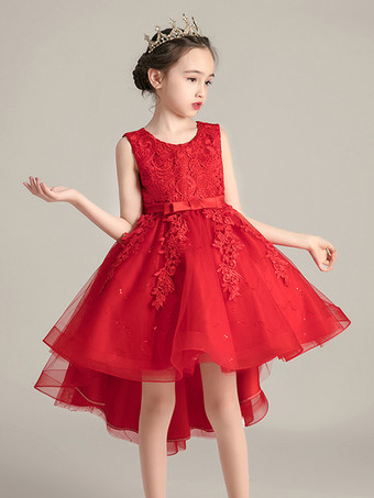 レッド ウェディング フラワーガールドレス 特別な日のドレス ソフトピンク ノースリーブ レース