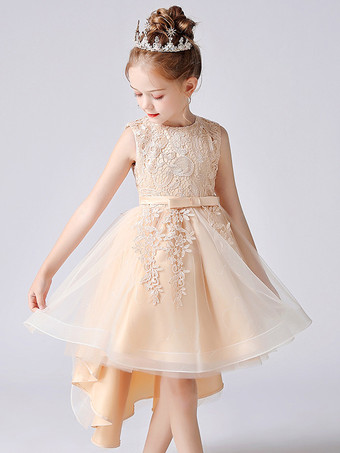 シャンパンウェディング フラワーガールドレス 特別な日のドレス ソフトピンク ノースリーブ レース