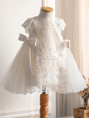 アイボリーホワイトフラワーガールドレス アイボリーチュール 半袖 ジュエルネック フラワーガールドレス