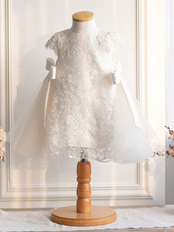 ホワイトフラワーガールドレス アイボリーチュール 半袖 ジュエルネック フラワーガールドレス
