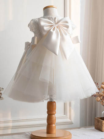 ホワイトフラワーガールドレス アイボリーチュール 半袖 ジュエルネック フラワーガールドレス