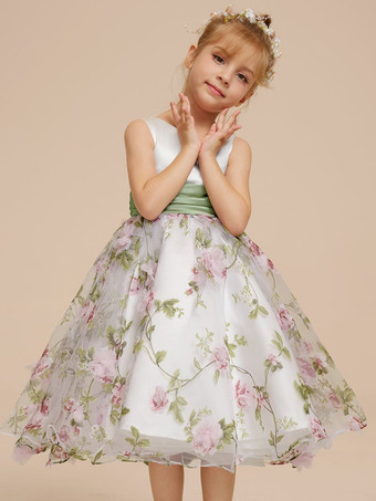 白いフラワーガールドレス ホワイトサテン生地 ノースリーブ ジュエルネック フラワーガールドレス