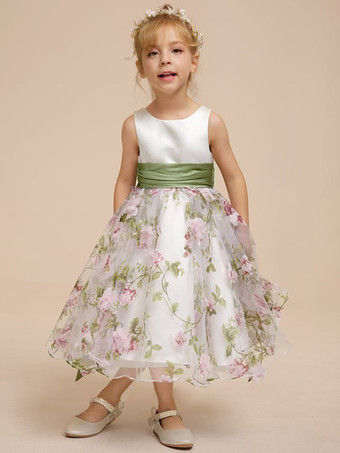 白いフラワーガールドレス ホワイトサテン生地 ノースリーブ ジュエルネック フラワーガールドレス