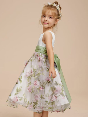 白いフラワーガールドレス ホワイトサテン生地 ノースリーブ ジュエルネック フラワーガールドレス