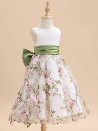 白いフラワーガールドレス ホワイトサテン生地 ノースリーブ ジュエルネック フラワーガールドレス