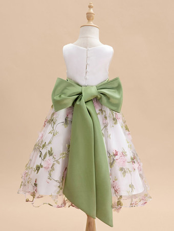 白いフラワーガールドレス ホワイトサテン生地 ノースリーブ ジュエルネック フラワーガールドレス