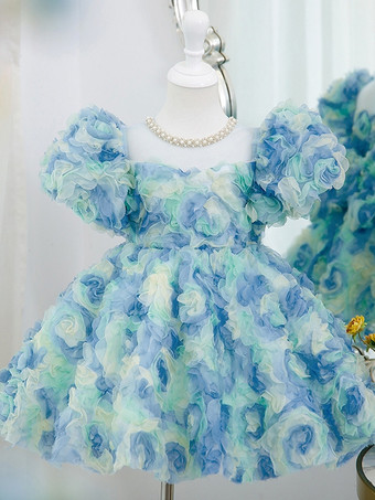 スカイブルー ウェディング フラワーガールドレス 特別な日のドレス ピンク 半袖 フリル