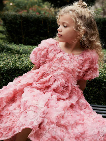 ピンクウェディング フラワーガールドレス 特別な日のドレス ピンク 半袖 フリル