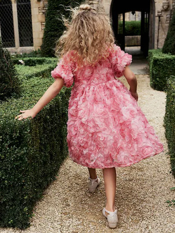 ウェディング フラワーガールドレス 特別な日のドレス ピンク 半袖 フリル