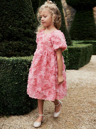 ウェディング フラワーガールドレス 特別な日のドレス ピンク 半袖 フリル