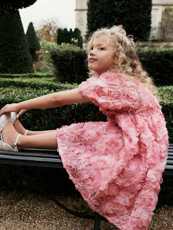 ウェディング フラワーガールドレス 特別な日のドレス ピンク 半袖 フリル