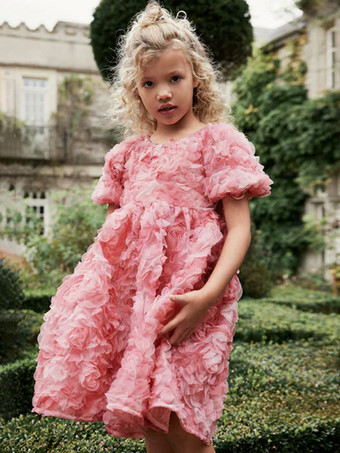 ウェディング フラワーガールドレス 特別な日のドレス ピンク 半袖 フリル