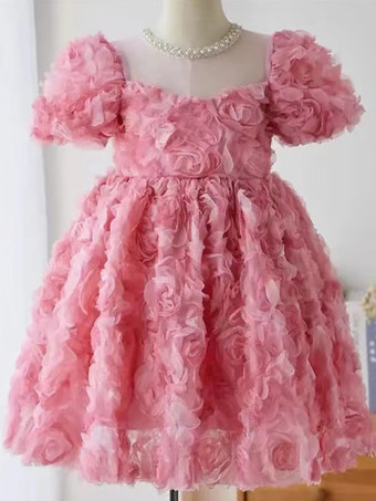 ウェディング フラワーガールドレス 特別な日のドレス ピンク 半袖 フリル