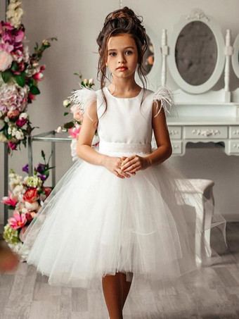 アイボリーウェディング フラワーガールドレス 特別な日のドレス アイボリー ノースリーブ フェザー