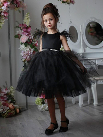 ブラックウェディング フラワーガールドレス 特別な日のドレス アイボリー ノースリーブ フェザー