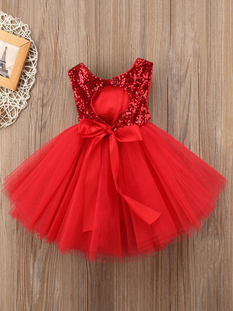 ウェディング フラワーガールドレス 特別な日のドレス 赤いノースリーブ リボン